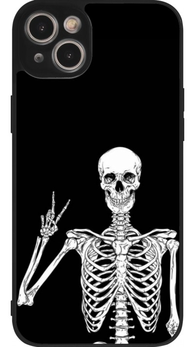 Coque iPhone 15 Plus - Silicone rigide noir Halloween 2023 peace skeleton