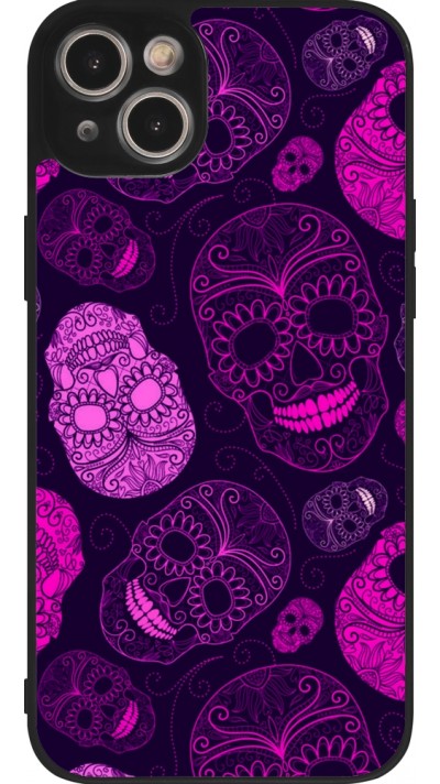 Coque iPhone 15 Plus - Silicone rigide noir Halloween 2023 pink skulls