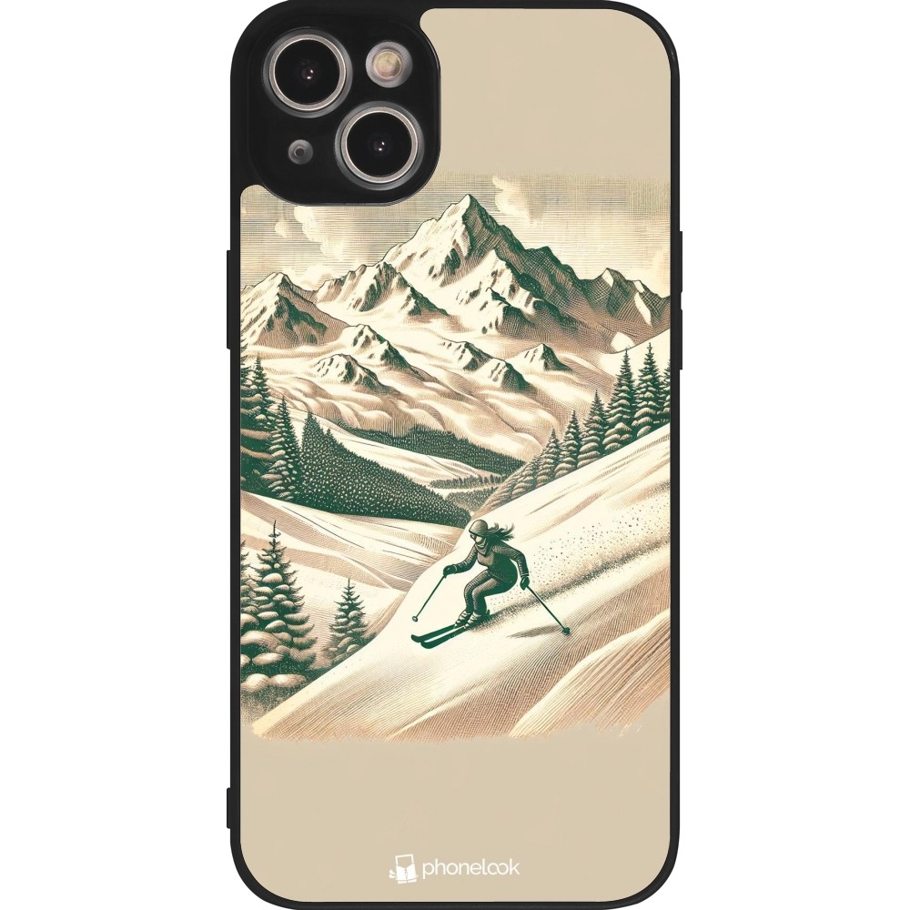 Coque iPhone 15 Plus - Silicone rigide noir Vintage Ski Mountain