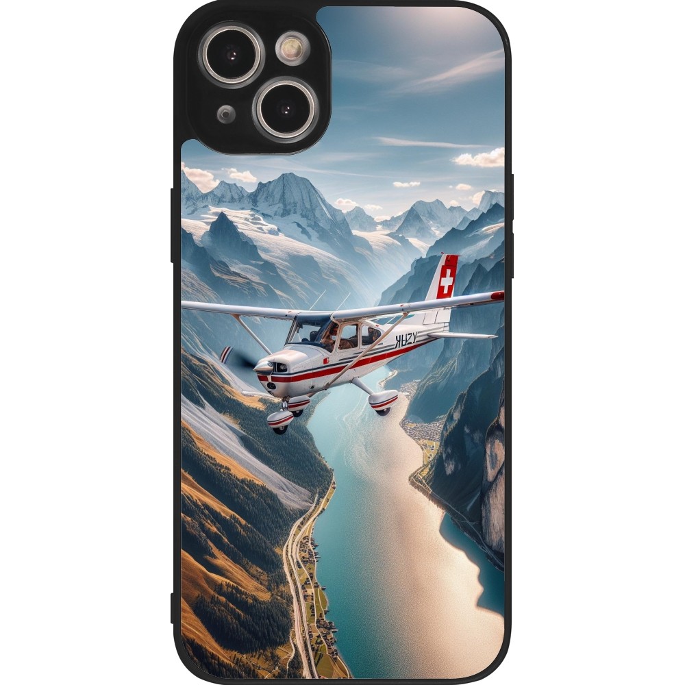 Coque iPhone 15 Plus - Silicone rigide noir Vol Alpin Suisse