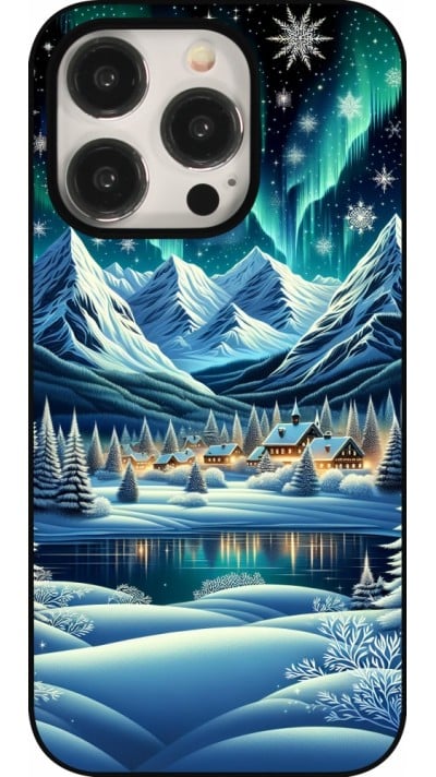 Coque iPhone 15 Pro - Snowy Mountain Village Lake night
