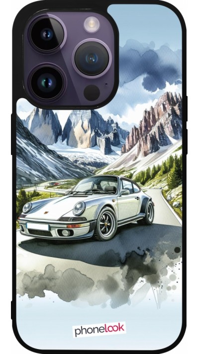 Coque iPhone 15 Pro - Silicone rigide noir Porsche 911 Mountain Watercolor