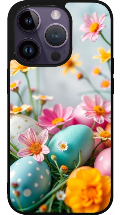 iPhone 15 Pro Case Hülle - Silikon schwarz Easter 2026 Eggs with flowers
