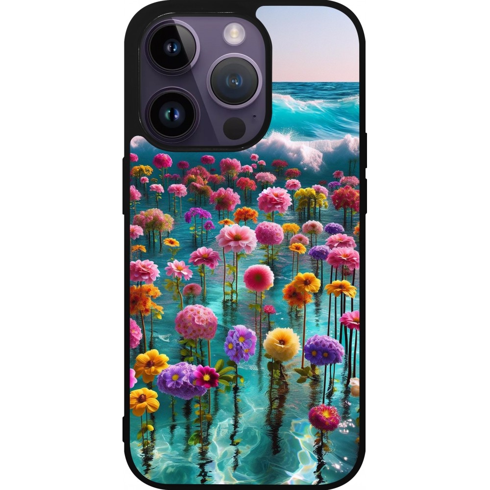 Coque iPhone 15 Pro - Silicone rigide noir Flower sea waves