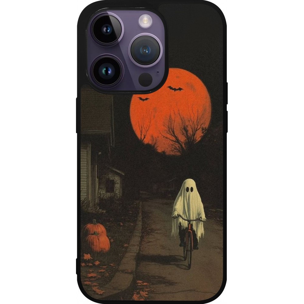 Coque iPhone 15 Pro - Silicone rigide noir Halloween 2025 Ghost on a bicycle