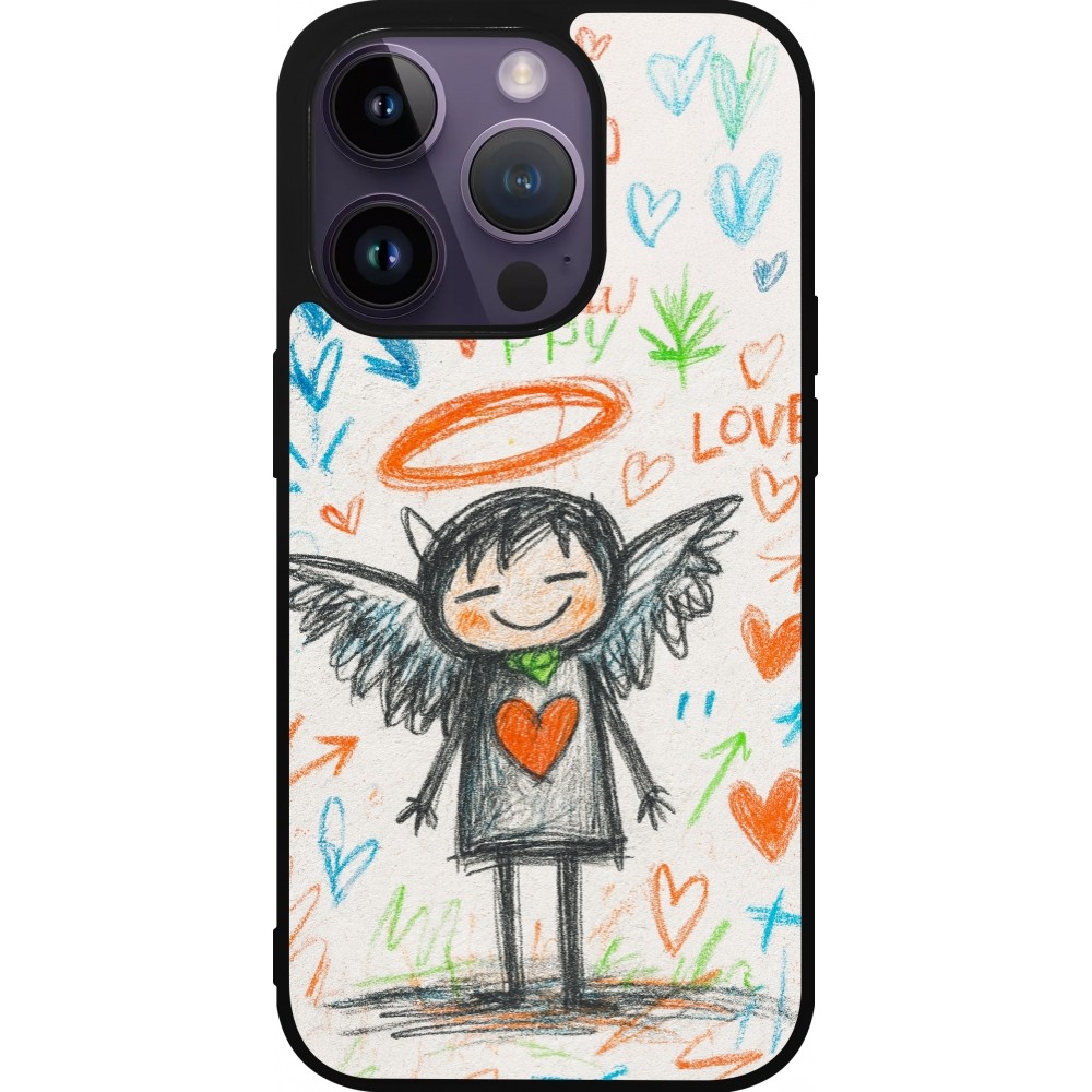Coque iPhone 15 Pro - Silicone rigide noir Little Angel Sketch Love