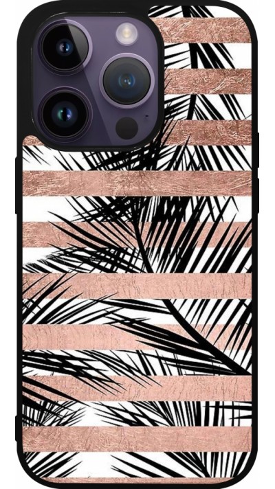 Coque iPhone 15 Pro - Silicone rigide noir Palm trees gold stripes