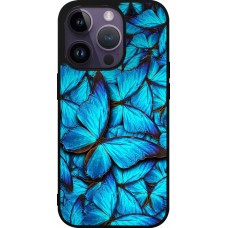 Coque iPhone 15 Pro - Silicone rigide noir Papillon bleu