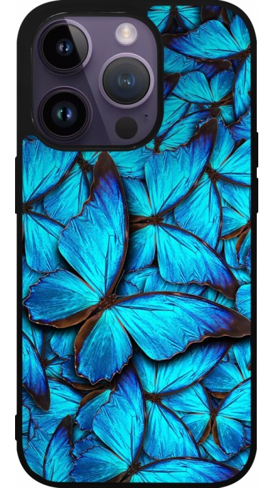 Coque iPhone 15 Pro - Silicone rigide noir Papillon bleu