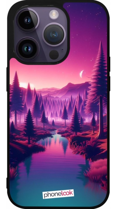 Coque iPhone 15 Pro - Silicone rigide noir Paysage Violet-Rose
