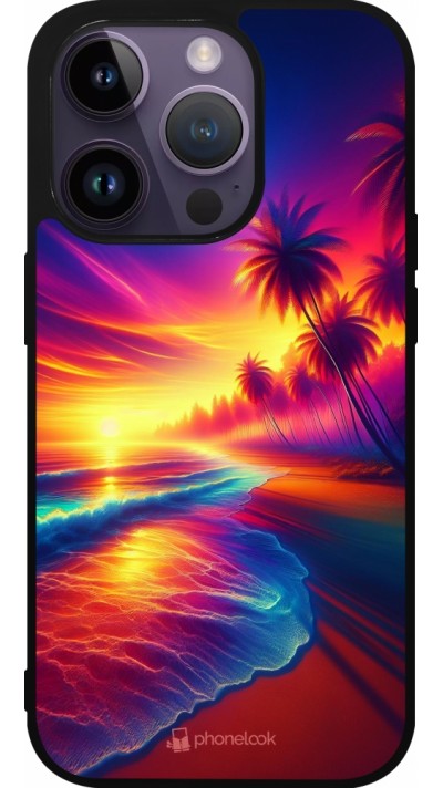 Coque iPhone 15 Pro - Silicone rigide noir Plage coucher soleil flashy