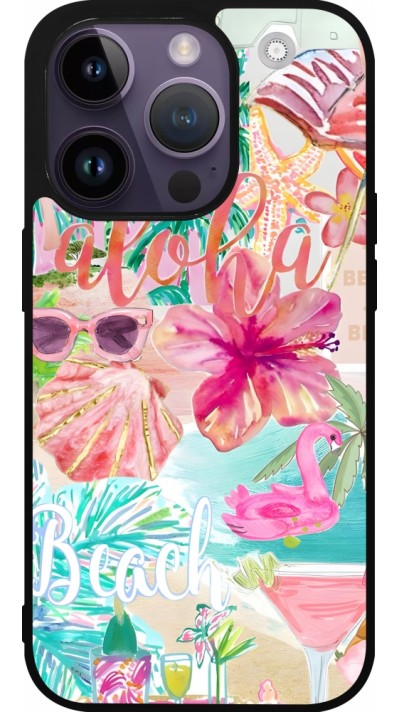 Coque iPhone 15 Pro - Silicone rigide noir Preppy Collage Aloha
