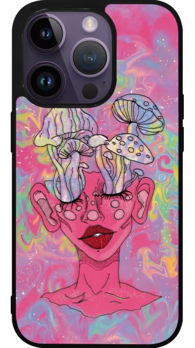Coque iPhone 15 Pro - Silicone rigide noir Psychedelic pink mushroom