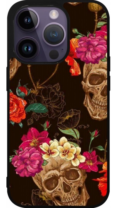 Coque iPhone 15 Pro - Silicone rigide noir Skulls and flowers