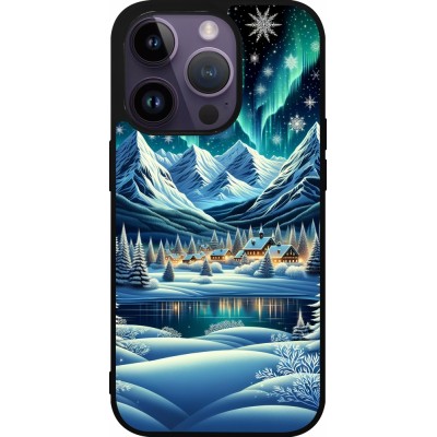 Coque iPhone 15 Pro - Silicone rigide noir Snowy Mountain Village Lake night