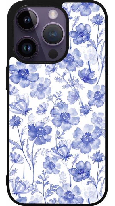 Coque iPhone 15 Pro - Silicone rigide noir Spring 23 watercolor blue flowers