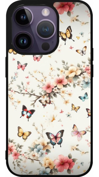 Coque iPhone 15 Pro - Silicone rigide noir Spring 25 Papillons Légers