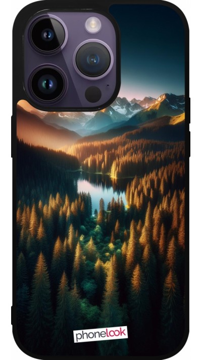 iPhone 15 Pro Case Hülle - Silikon schwarz Sonnenuntergang Waldsee