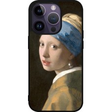 Coque iPhone 15 Pro - Silicone rigide noir Tableau art - La Jeune fille à la perle - Johannes Vermeer