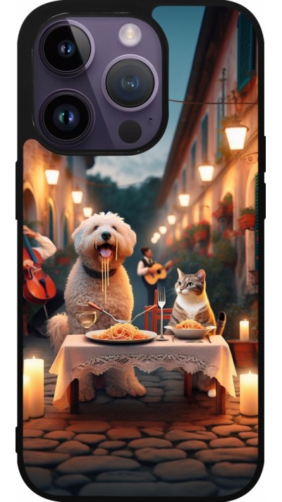 Coque iPhone 15 Pro - Silicone rigide noir Valentine 2024 Dog & Cat Candlelight