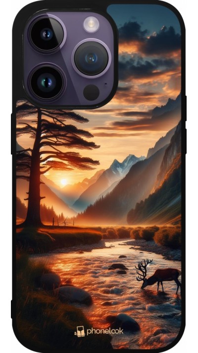 Coque iPhone 15 Pro - Silicone rigide noir Valley Sunset Deer Tree