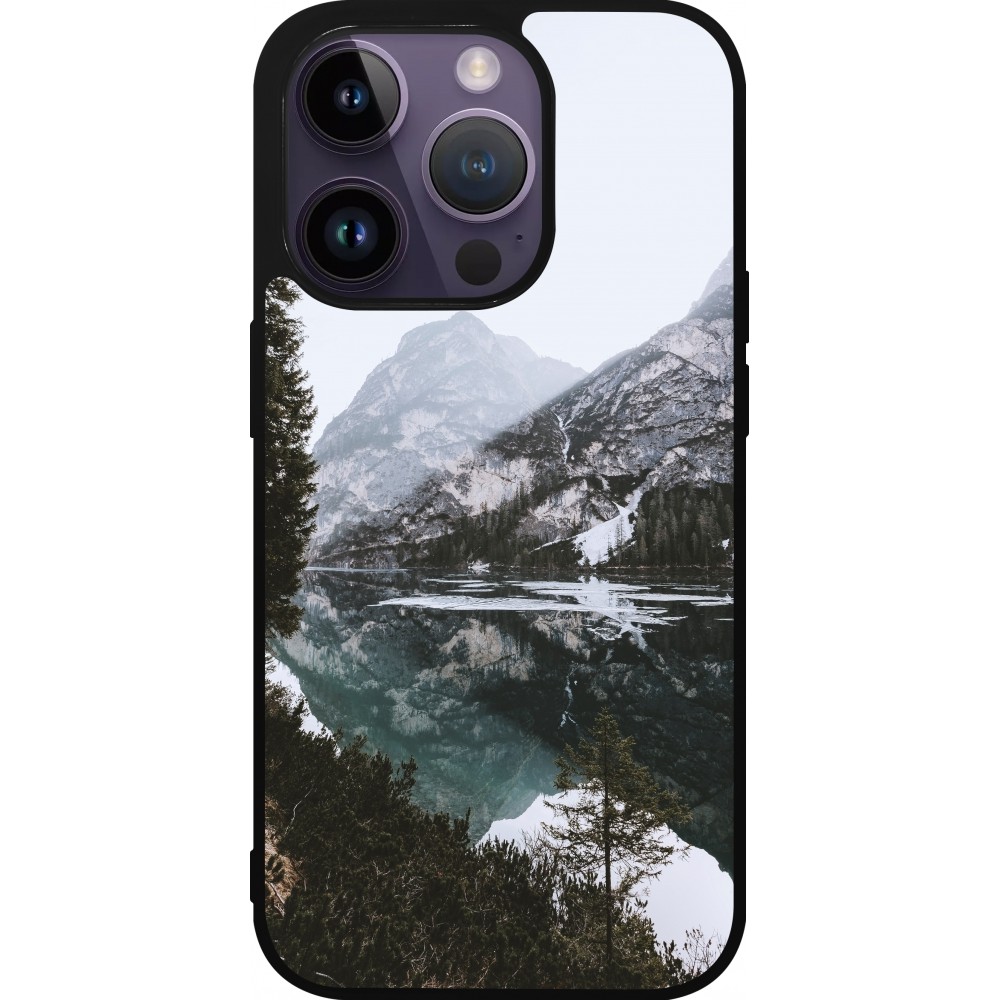 Coque iPhone 15 Pro - Silicone rigide noir Winter 22 snowy mountain and lake