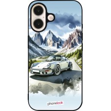Coque iPhone 16 - Silicone rigide noir Porsche 911 Mountain Watercolor