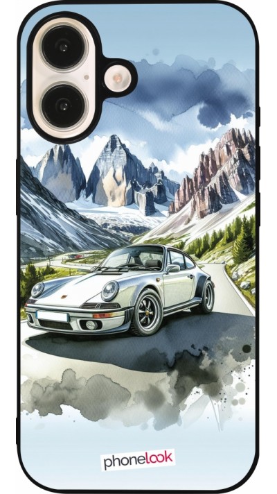 Coque iPhone 16 - Silicone rigide noir Porsche 911 Mountain Watercolor