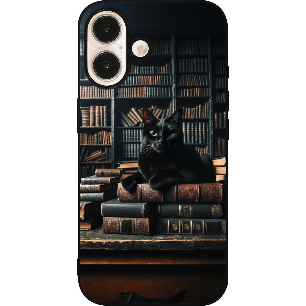 iPhone 16 Case Hülle - Silikon schwarz Katze Bücher dunkel