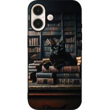 iPhone 16 Case Hülle - Silikon schwarz Katze Bücher dunkel