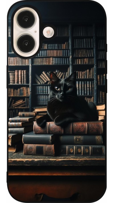iPhone 16 Case Hülle - Silikon schwarz Katze Bücher dunkel