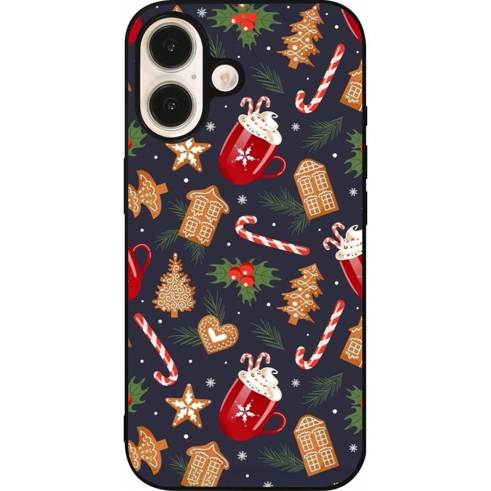 Coque iPhone 16 - Silicone rigide noir Christmas 25 Pattern Gingerbread House