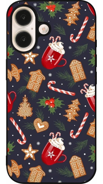 Coque iPhone 16 - Silicone rigide noir Christmas 25 Pattern Gingerbread House