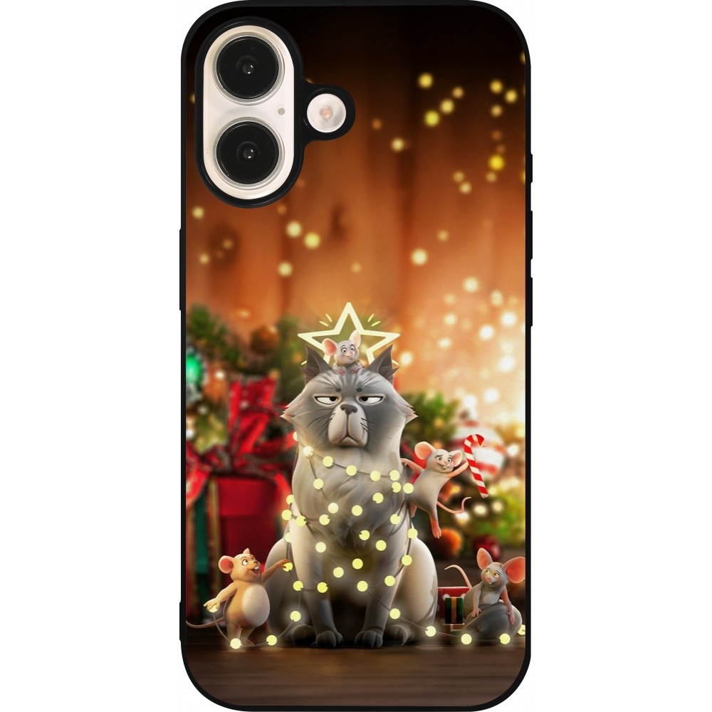 Coque iPhone 16 - Silicone rigide noir Christmas 25 Xmas Cat