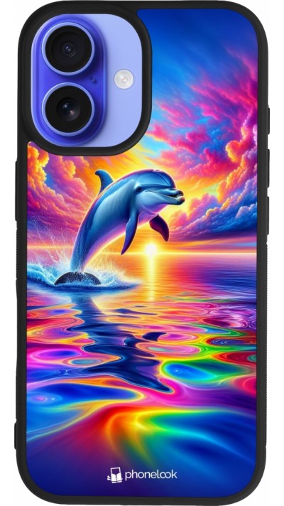 iPhone 16 Case Hülle - Silikon schwarz Glücklicher Regenbogen-Delfin