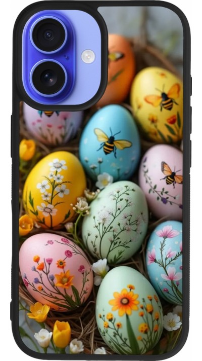 Coque iPhone 16 - Silicone rigide noir Easter 2026 Eggs with bees