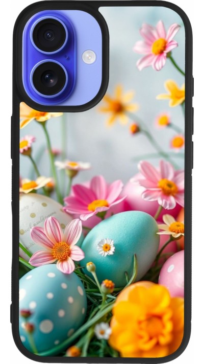 Coque iPhone 16 - Silicone rigide noir Easter 2026 Eggs with flowers