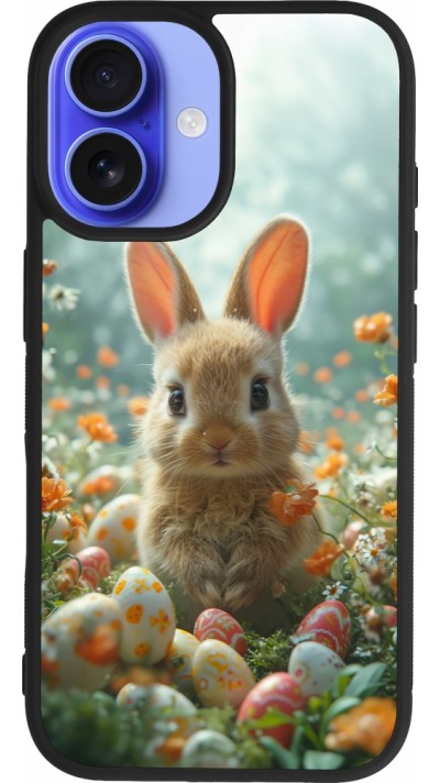 Coque iPhone 16 - Silicone rigide noir Easter 2026 Rabbit in the garden