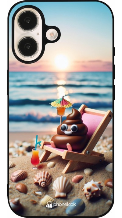 iPhone 16 Case Hülle - Silikon schwarz Kackhaufen Emoji auf Liegestuhl