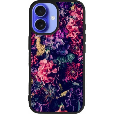 Coque iPhone 16 - Silicone rigide noir Flowers Dark