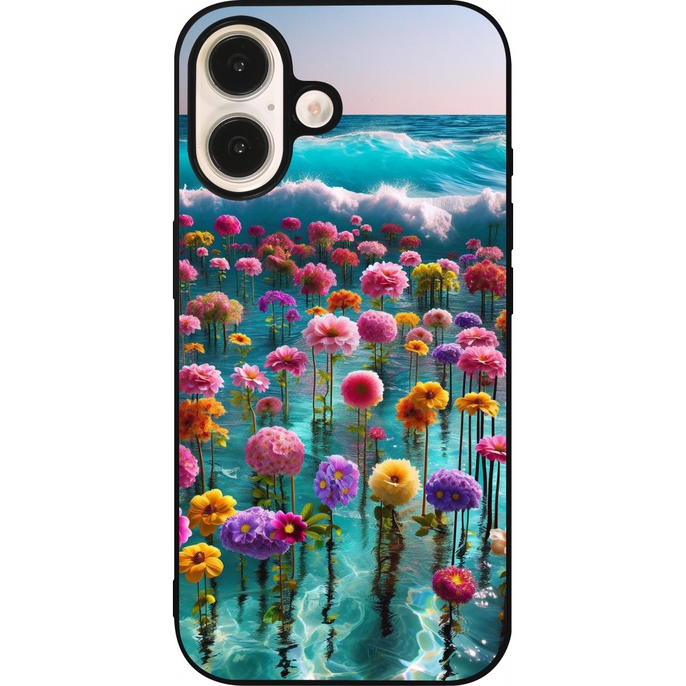 Coque iPhone 16 - Silicone rigide noir Flower sea waves