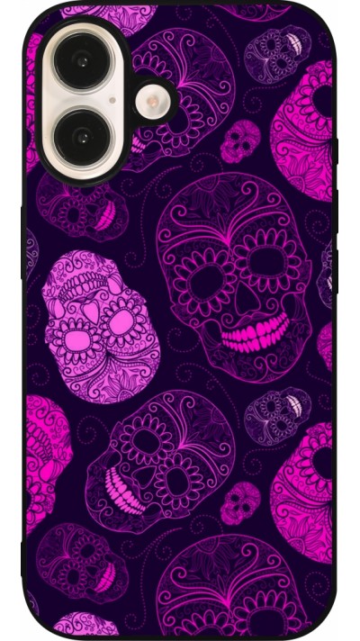 iPhone 16 Case Hülle - Silikon schwarz Halloween 2023 pink skulls