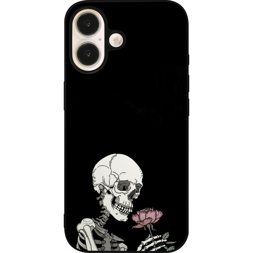 iPhone 16 Case Hülle - Silikon schwarz Halloween 2023 rose and skeleton