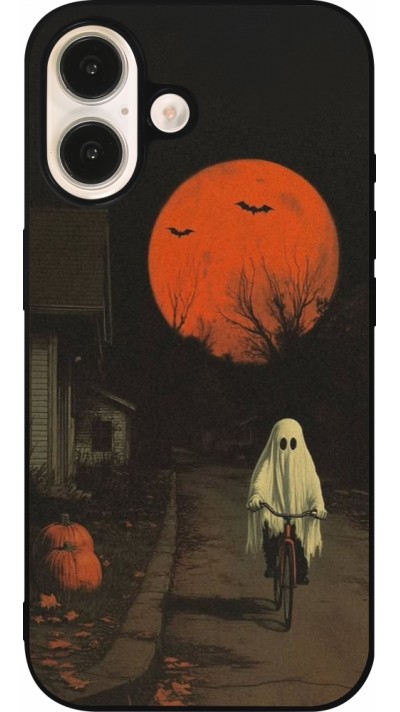 Coque iPhone 16 - Silicone rigide noir Halloween 2025 Ghost on a bicycle
