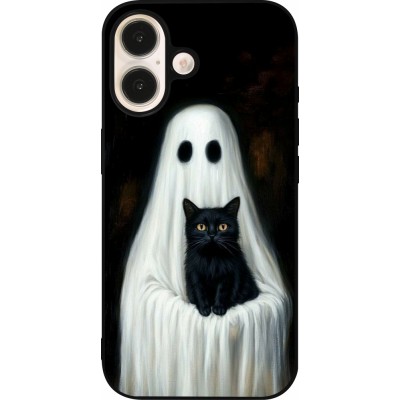 Coque iPhone 16 - Silicone rigide noir Halloween 2025 Ghost with black cat