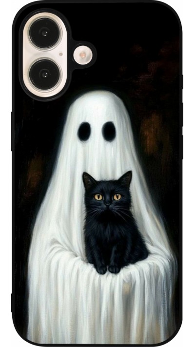 Coque iPhone 16 - Silicone rigide noir Halloween 2025 Ghost with black cat