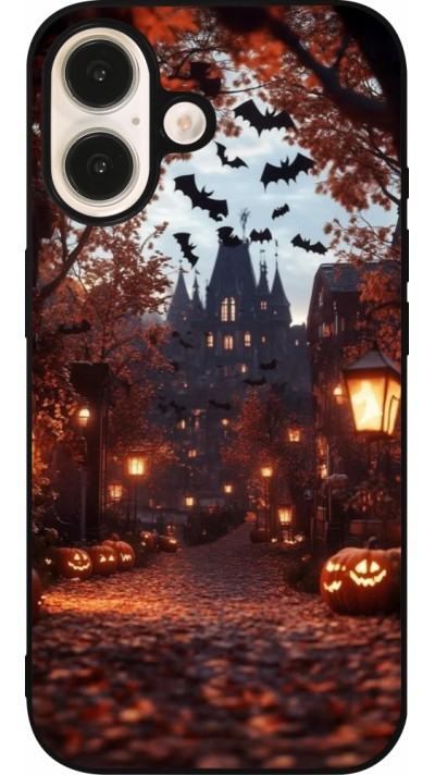 Coque iPhone 16 - Silicone rigide noir Halloween 2025 Haunted house