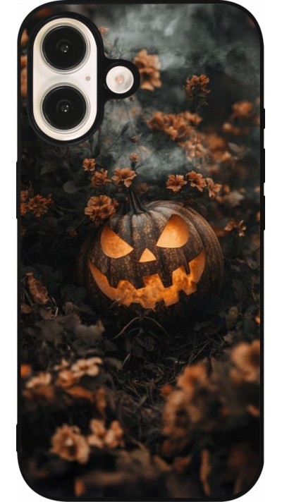 Coque iPhone 16 - Silicone rigide noir Halloween 2025 Pumpkin with flowers