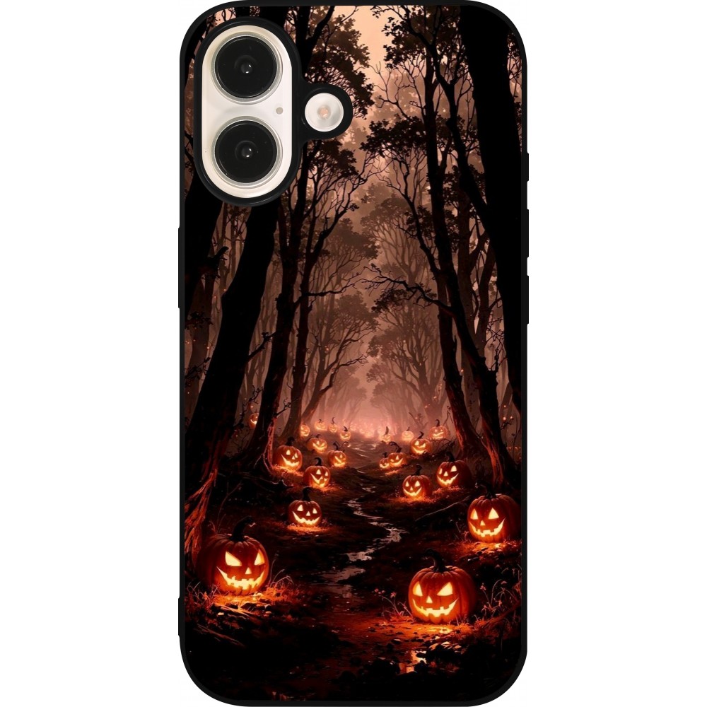 Coque iPhone 16 - Silicone rigide noir Halloween 2025 Road of Terrifying Pumpkins