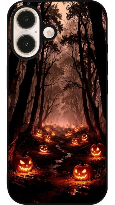 Coque iPhone 16 - Silicone rigide noir Halloween 2025 Road of Terrifying Pumpkins